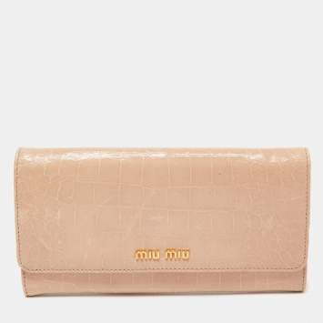 Pre Owned Miu Miu Beige Croc Embossed Leather Continental Wallet