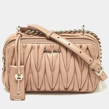 Pre Owned Miu Miu Dusty Pink Matelassé Leather Double Zip Crossbody Bag