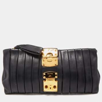 Pre Owned Miu Miu Black Pleated Striped Leather Clutch
