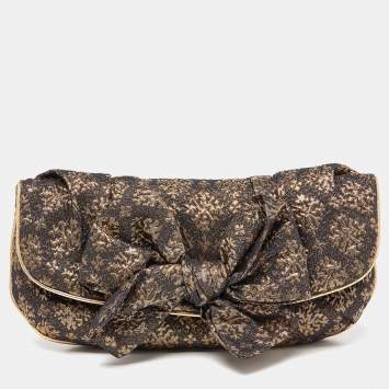 Pre Owned Miu Miu Gold/Black Lurex Fabric and Leather Bow Detail Clutch
