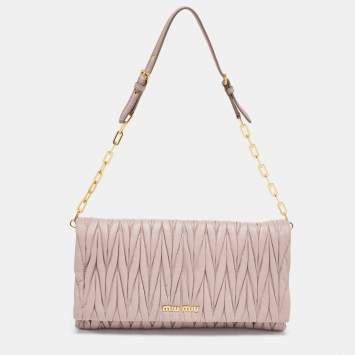 Pre Owned Miu Miu Old Rose Matelasse Leather Flap Chain Clutch 