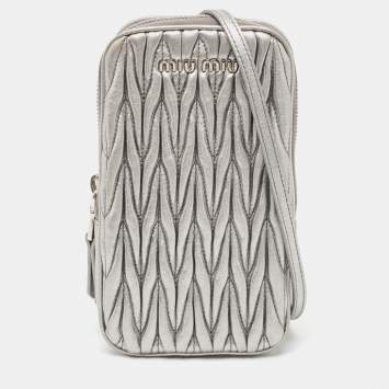 Pre Owned Miu Miu Silver Matelasse Leather Phone Holder Crossbody Bag