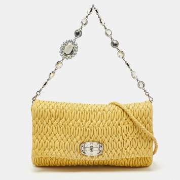 Pre Owned Miu Miu Yellow Matelasse Leather Crystal Flap Shoulder Bag