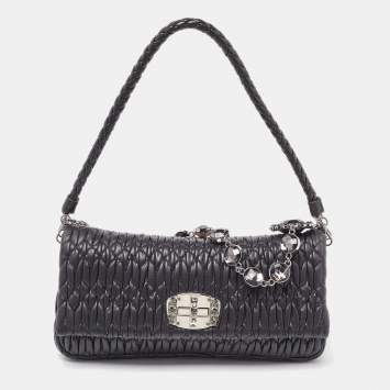 Pre Owned Miu Miu Black Matelassé Leather Crystal Shoulder Bag
