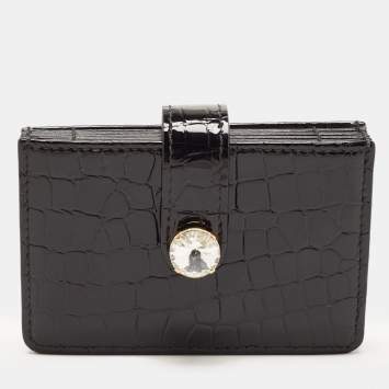 Pre Owned Miu Miu Black Croc Embossed Patent Leather Crystal Embellished Flap Card Case