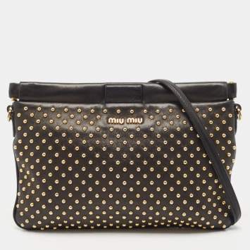 Pre Owned Miu Miu Black Leather Studded Frame Crossbody Bag