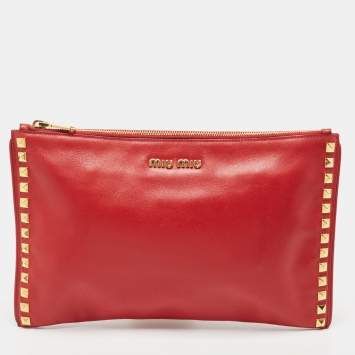 Pre Owned Miu Miu Red Leather Studded Zip Pouch