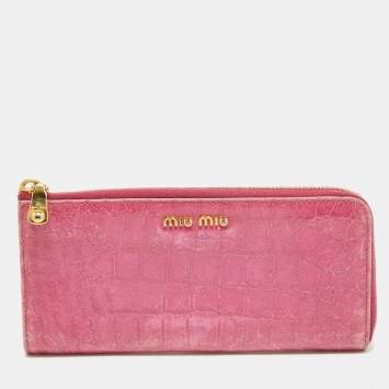Pre Owned Miu Miu Pink Croc Effect Patent Leather Continental Zip Wallet