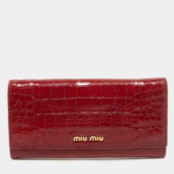 Pre Owned Miu Miu Red Croc Embossed Patent Leather Flap Continental Wallet