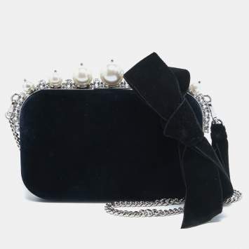Pre Owned Miu Miu Navy Blue Velvet Pearl and Crystal Embellished Box Chain Clutch