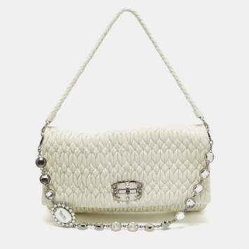 Pre Owned Miu Miu Off White Matelassé Leather Crystal Cloqué Flap Shoulder Bag