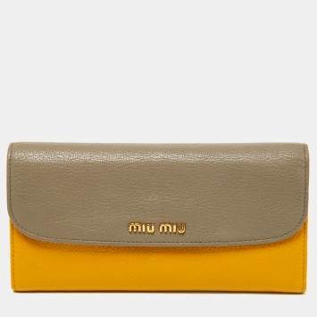 Pre Owned Miu Miu Grey/Yellow Madras Leather Flap Continental Wallet
