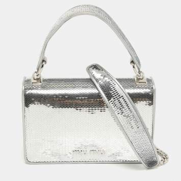 Pre Owned Miu Miu Silver Sequin and Leather Chain Top Handle Bag
