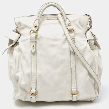 Pre Owned Miu Miu White Leather Fold Over Bow Bag