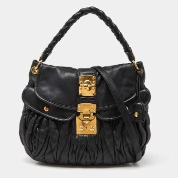 Pre Owned Miu Miu Black Matelassé Leather Coffer Hobo
