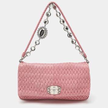 Pre Owned Miu Miu Pink Matelassé Leather Crystal Shoulder Bag