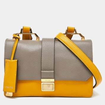 Pre Owned Miu Miu Mustard/Grey Madras Leather Bandoliera Crossbody Bag