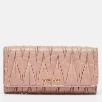 Pre Owned Miu Miu Light Pink Matelassé Leather Flap Continental Wallet