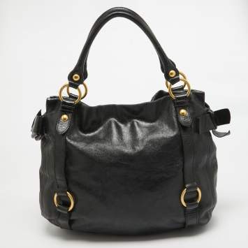 Pre Owned Miu Miu Black Leather Side Bow Hobo