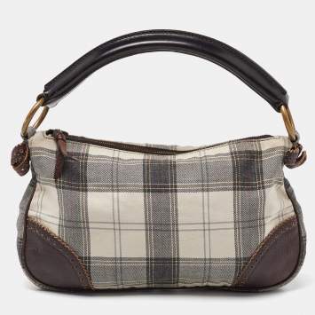 Pre Owned Miu Miu Grey/Brown Canvas and Leather Hobo