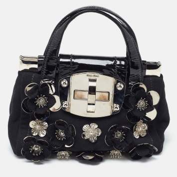 Pre Owned Miu Miu Black Canvas and Patent Leather Flower Embellished Satchel