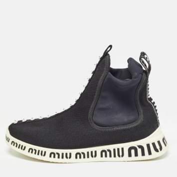 Pre Owned Miu Miu Black Knit Fabric High Top Sneakers Size 38