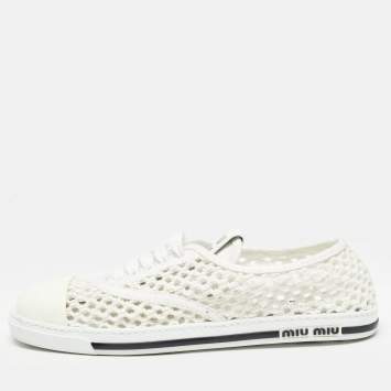 Pre Owned Miu Miu White Knit Fabric Lace Up Sneakers Size 39.5