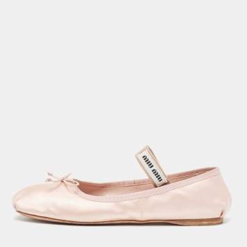 Pre Owned Miu Miu Pink Satin Bow Ballet Flats Size 39.5