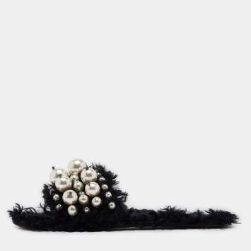 Pre Owned Miu Miu Black Fur Pearl Embellished Flat Slides Size 40
