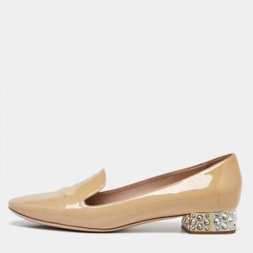Pre Owned Miu Miu Beige Patent Leather Crystal Embellished Smoking Slippers Size 40.5
