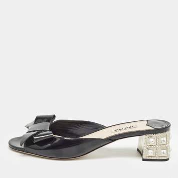 Pre Owned Miu Miu Black Patent Leather Crystal Heel Sandals Size 41