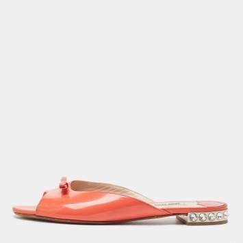 Pre Owned Miu Miu Orange Patent Flat Slides Size 38 