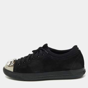Pre Owned Miu Miu Black Suede Crystal Embellished Cap Toe Sneakers Size 40