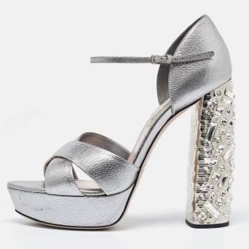 Pre Owned Miu Miu Metallic Silver Leather Crystal Embellished Block Heel Ankle Strap Platform Sandals Size 40