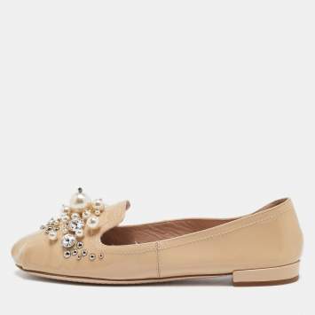 Pre Owned Miu Miu Beige Patent Leather Faux Pearls Ballet Flats Size 37.5