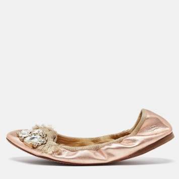 Pre Owned Miu Miu Metallic Rose Gold Leather Crystal Embellished Scrunch Ballet Flats Size 38.5