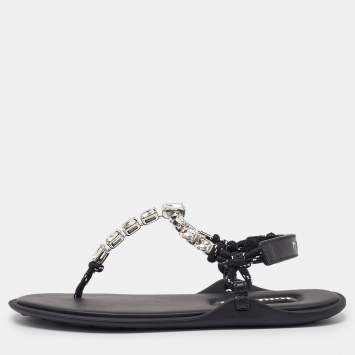 Pre Owned Miu Miu Black Cord Crystal Embellished Thong Sandals Size 37