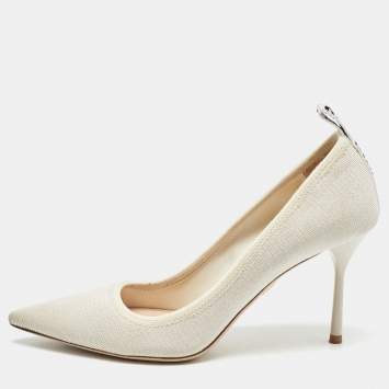 Pre Owned Miu Miu Cream Knit Fabric Pointed Toe Pumps Size 35.5