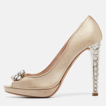 Pre Owned Miu Miu Light Brown Satin Crystal Embellished Heel Peep Toe Platform Pumps Size 39