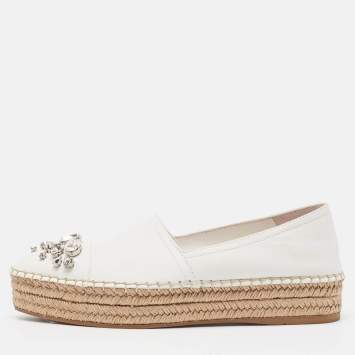 Pre Owned Miu Miu White Leather Crystal Embellished Espadrille Loafers Size 39 