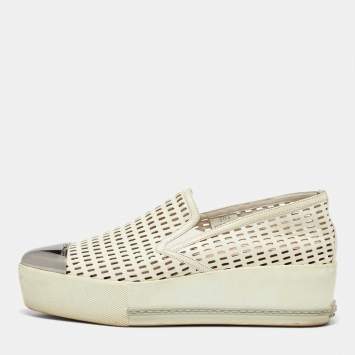 Pre Owned Miu Miu Off White Perforated Leather Metal Cap Toe Slip On Sneakers Size 38.5