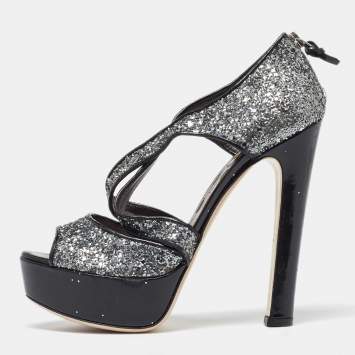 Pre Owned Miu Miu Metallic Grey Coarse Glitter Platform Sandals Size 38.5