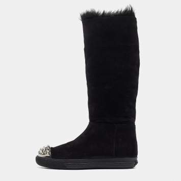 Pre Owned Miu Miu Black Suede And Fur Crystal Embellished Knee Length Boots Size 36