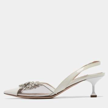 Pre Owned Miu Miu White/Transparent  Patent Leather and PVC Crystal Embellished Pumps Size 39.5