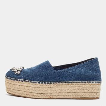 Pre Owned Miu Miu Blue Denim Crystal Embellished Platform Espadrilles Size 40