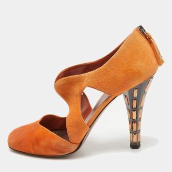 Pre Owned Miu Miu Orange Suede Crystal Embellished Cut Out Pumps Size 40