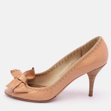 Pre Owned Miu Miu Beige Patent Leather Bow Peep Toe Pumps Size 35.5