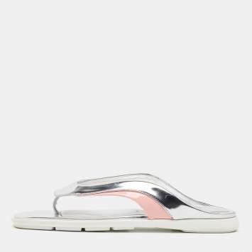 Pre Owned Miu Miu Silver/Pink Leather and Patent Thong Flats Size 36
