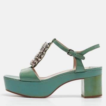Pre Owned Miu Miu Green Patent Leather Crystal Embellished Platform Ankle Strap Sandals Size 41