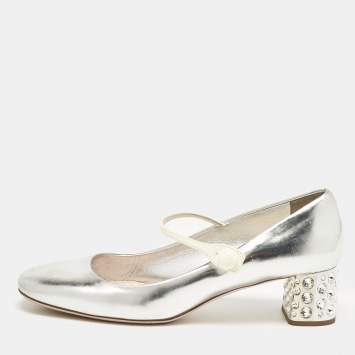 Pre Owned Miu Miu Silver Leather Mary Jane Pumps Size 37